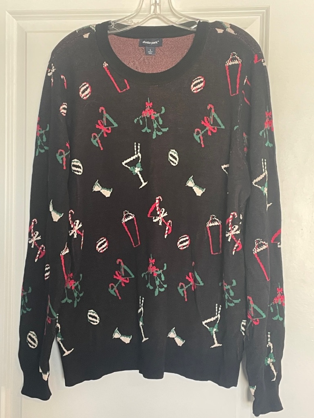 Studio Black Crewneck Sweater with Red, Green and White Cocktail Motifs